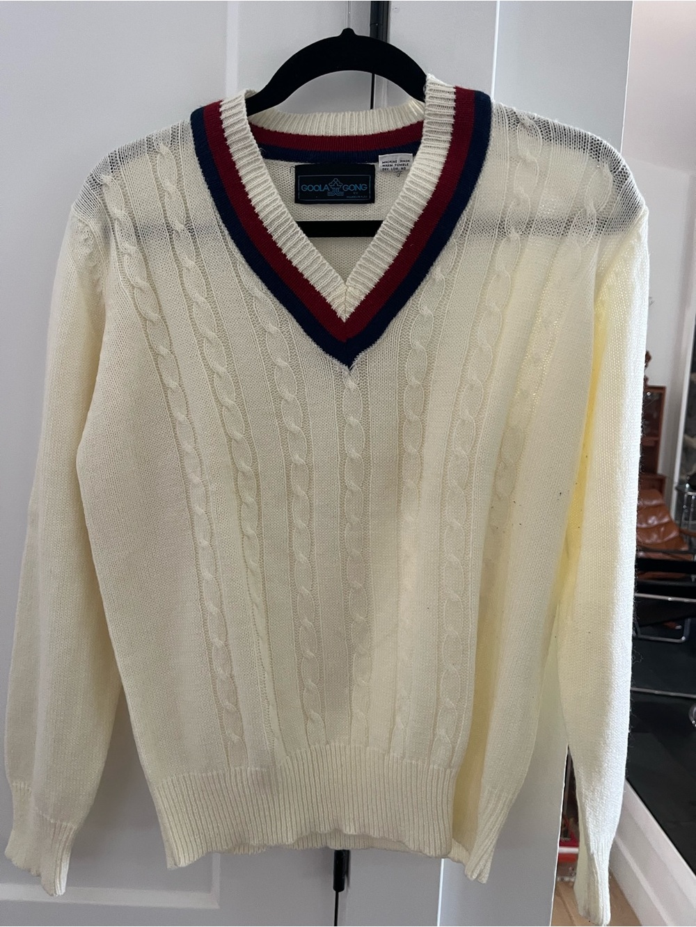 Vtg 80’s Goola Gong Marilyn Kay Cream Cable Knit V-Neck Sweater Tennis preppy L